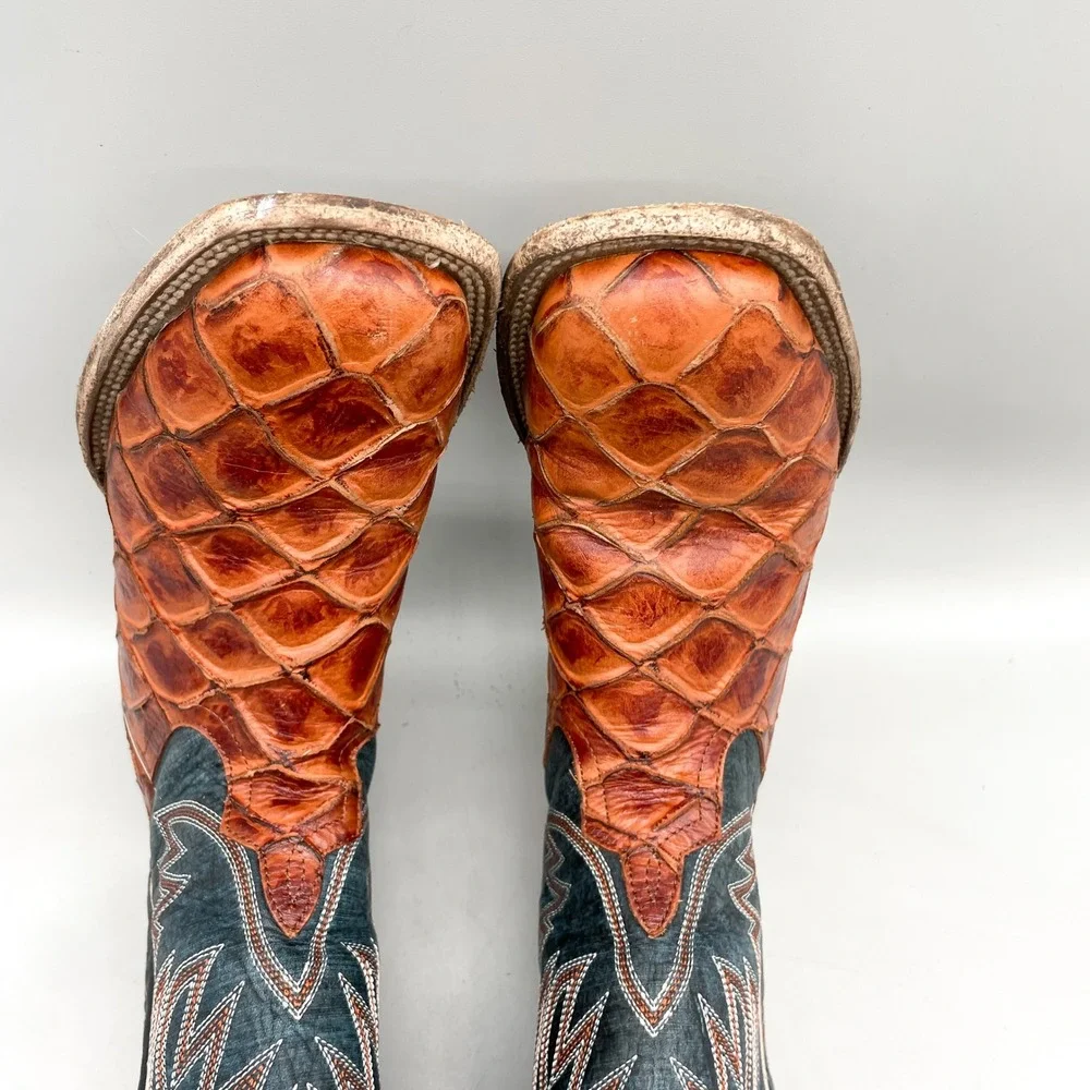 Horse Power Kids 5 Fish Scale Western Cowboy Boots Cognac Teal Leather SquareToe